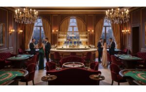 Salle de réception chic pour une soirée casino avec décoration élégante et ambiance glamour.