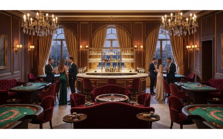 Salle de réception chic pour une soirée casino avec décoration élégante et ambiance glamour.