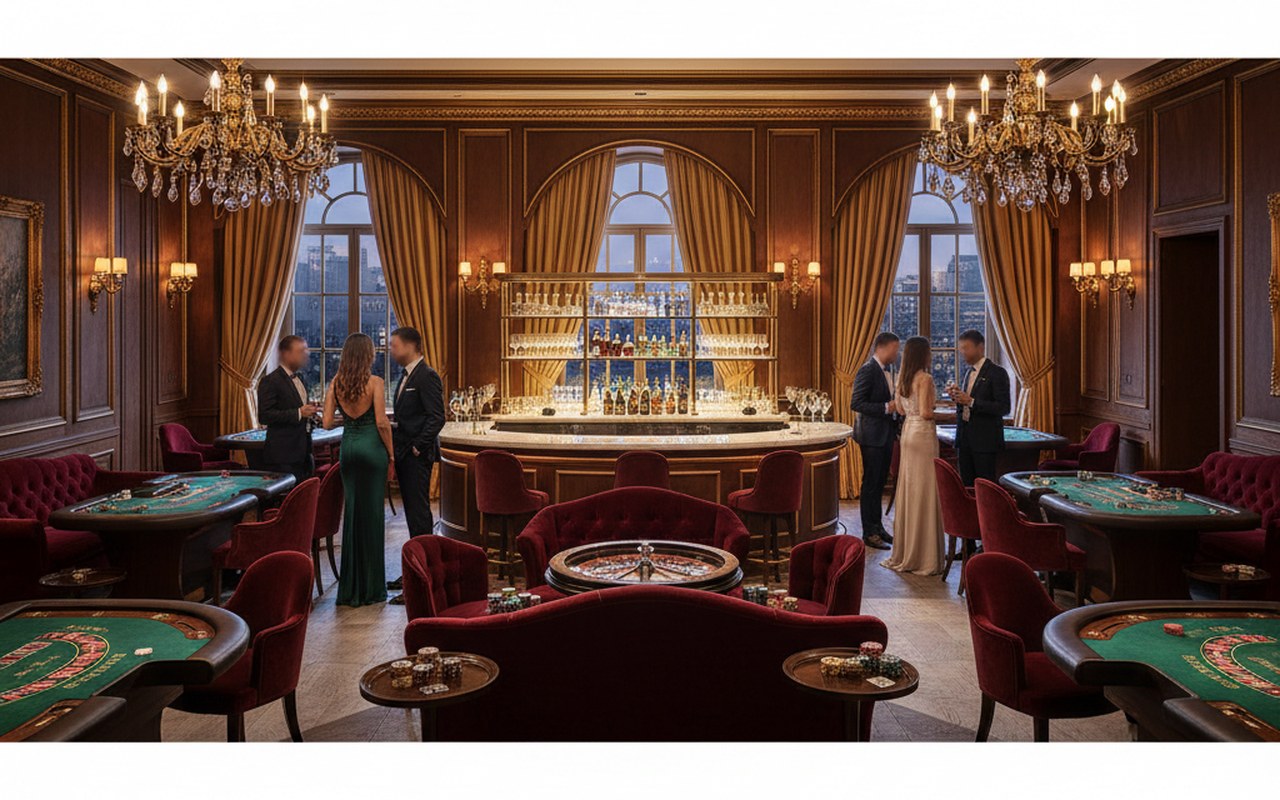 Salle de réception chic pour une soirée casino avec décoration élégante et ambiance glamour.