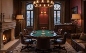 Salle de poker avec éclairage modulable et ambiance chaleureuse.