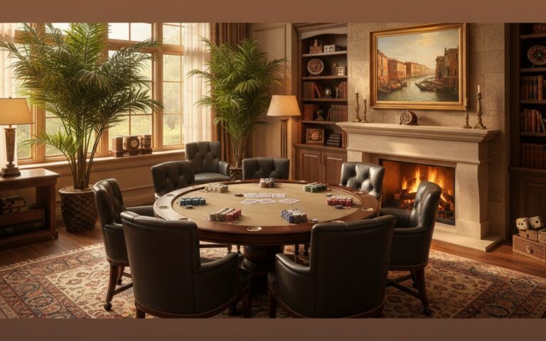 Salle de poker décorée pour une soirée entre amis, ambiance casino chaleureuse.