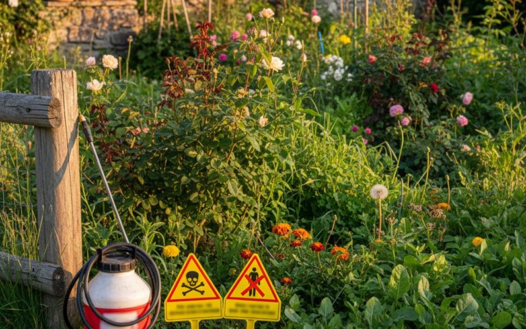 Jardin avec mauvaises herbes et avertissements sur l'utilisation de désherbants chimiques.