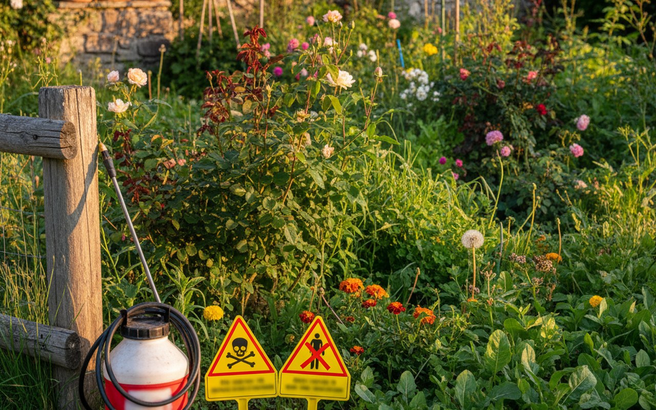 Jardin avec mauvaises herbes et avertissements sur l'utilisation de désherbants chimiques.