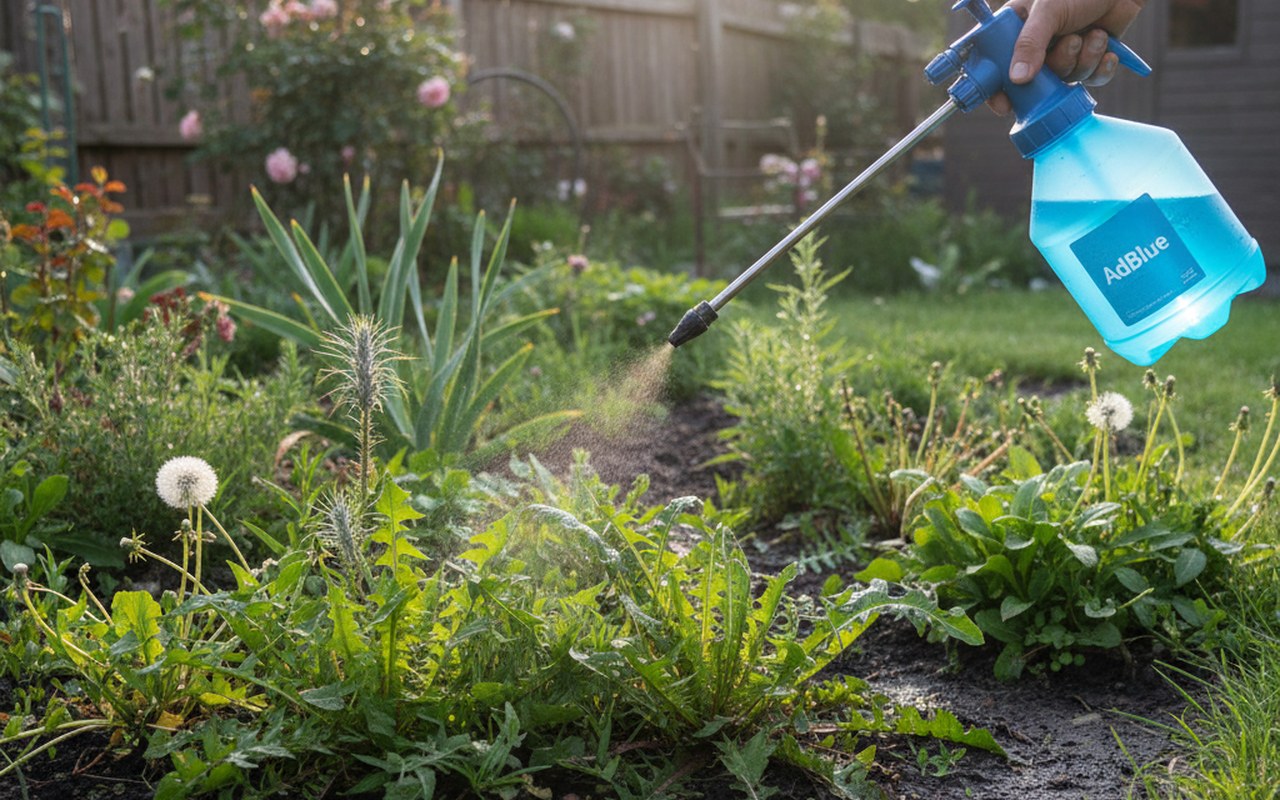 Jardin avec des mauvaises herbes et un pulvérisateur d'AdBlue pour désherbage responsable.