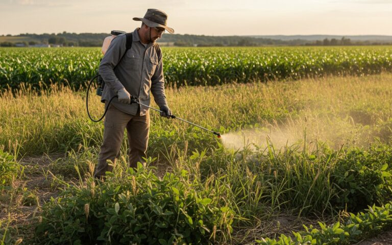Agriculteur utilisant un désherbant glyphosate dans un champ.