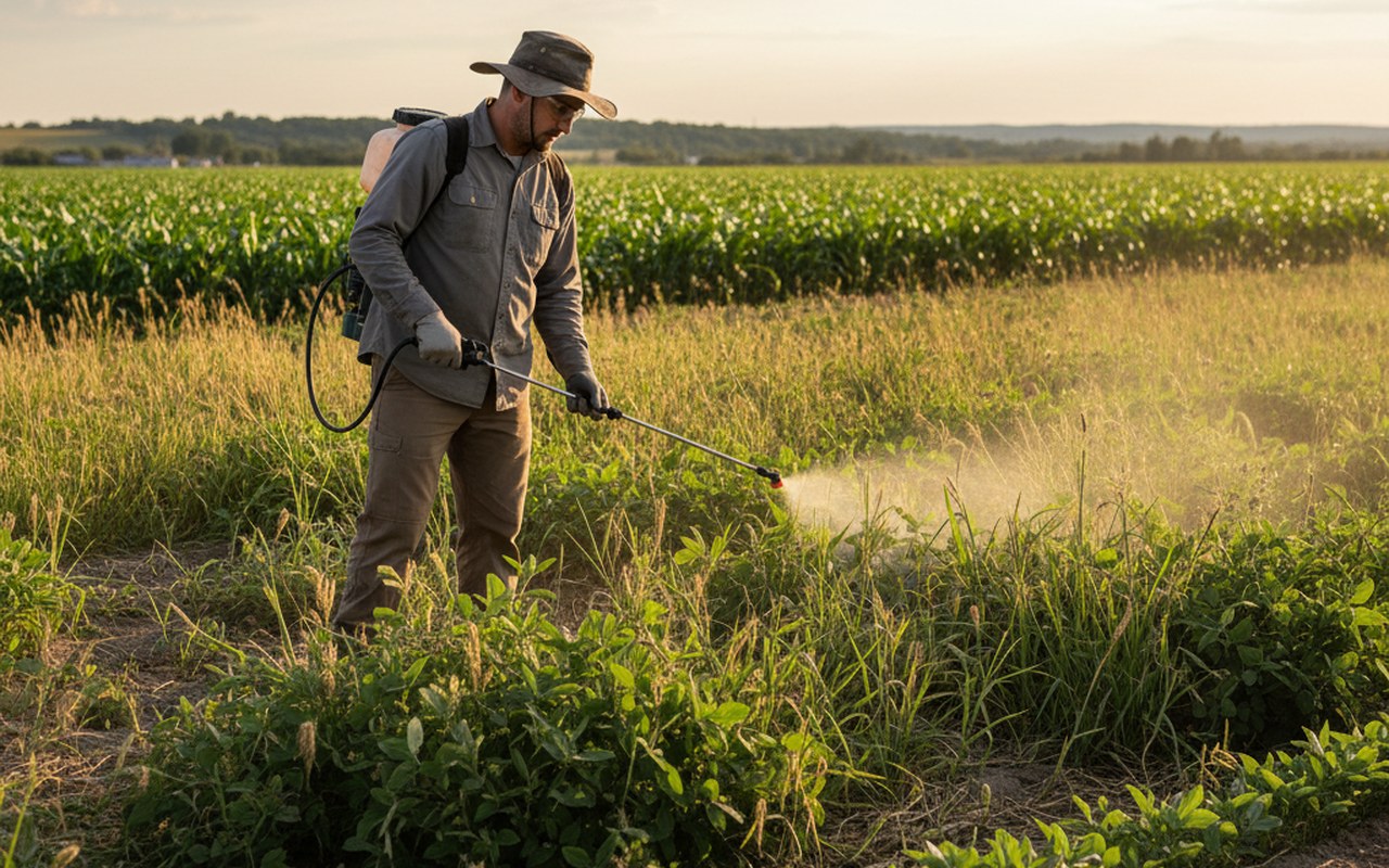 Agriculteur utilisant un désherbant glyphosate dans un champ.