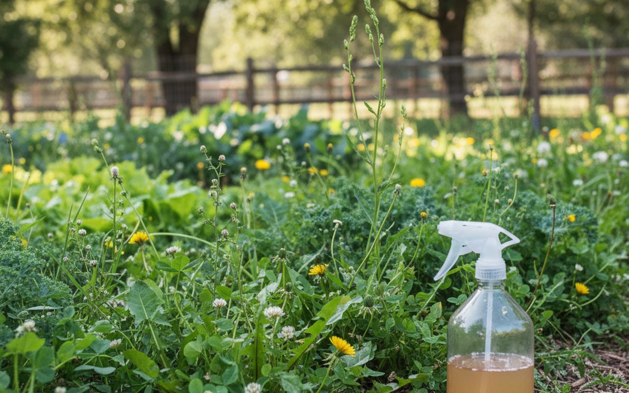 Désherbant naturel à base de vinaigre et sel dans un jardin avec des mauvaises herbes.