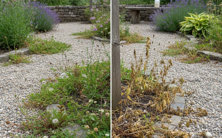 Avant et après l'application d'un désherbant naturel à base de vinaigre et sel sur des mauvaises herbes dans un jardin.