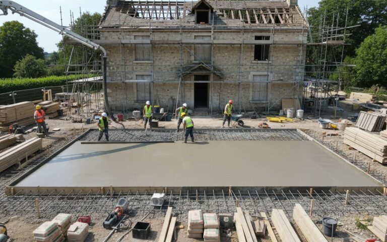 Chantier de rénovation d'une maison ancienne avec dalle béton en cours de coulage.