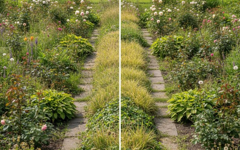 Jardin illustrant l'impact des désherbants sur les mauvaises herbes.