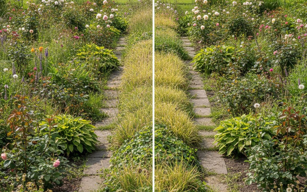 Jardin illustrant l'impact des désherbants sur les mauvaises herbes.
