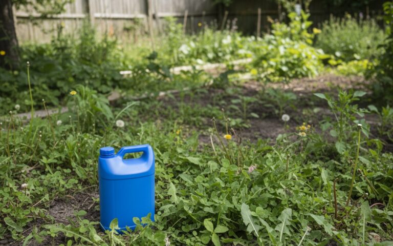 Jardin avec mauvaises herbes et flacon d'AdBlue, illustrant la controverse sur son utilisation.