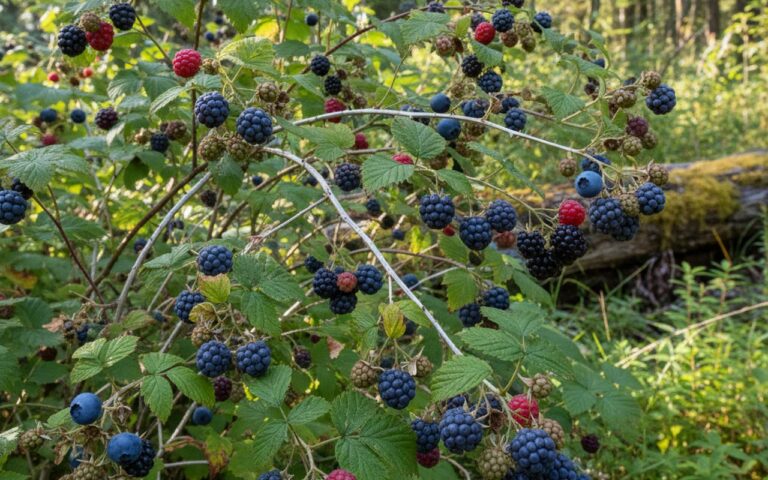Un arbuste de framboise bleue avec des fruits mûrs en pleine nature.