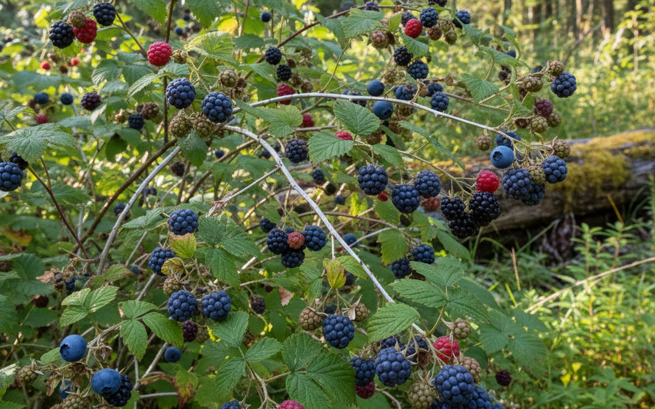 Un arbuste de framboise bleue avec des fruits mûrs en pleine nature.