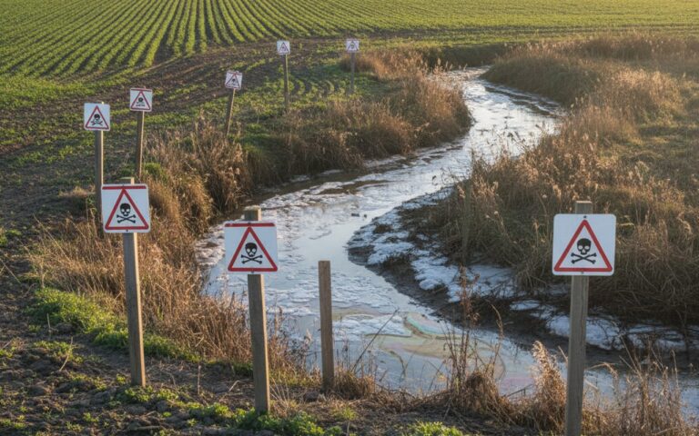 Champ agricole avec cultures et panneaux d'avertissement sur le glyphosate.