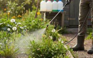 Application de glyphosate dans un jardin pour éliminer les mauvaises herbes.