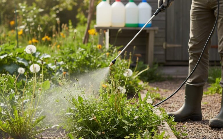 Application de glyphosate dans un jardin pour éliminer les mauvaises herbes.