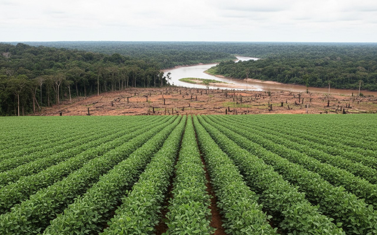 Champ de soja transgénique en Amazonie avec déforestation et rivières à proximité.