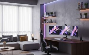 Salle de jeux moderne avec mobilier ergonomique et éclairage LED
