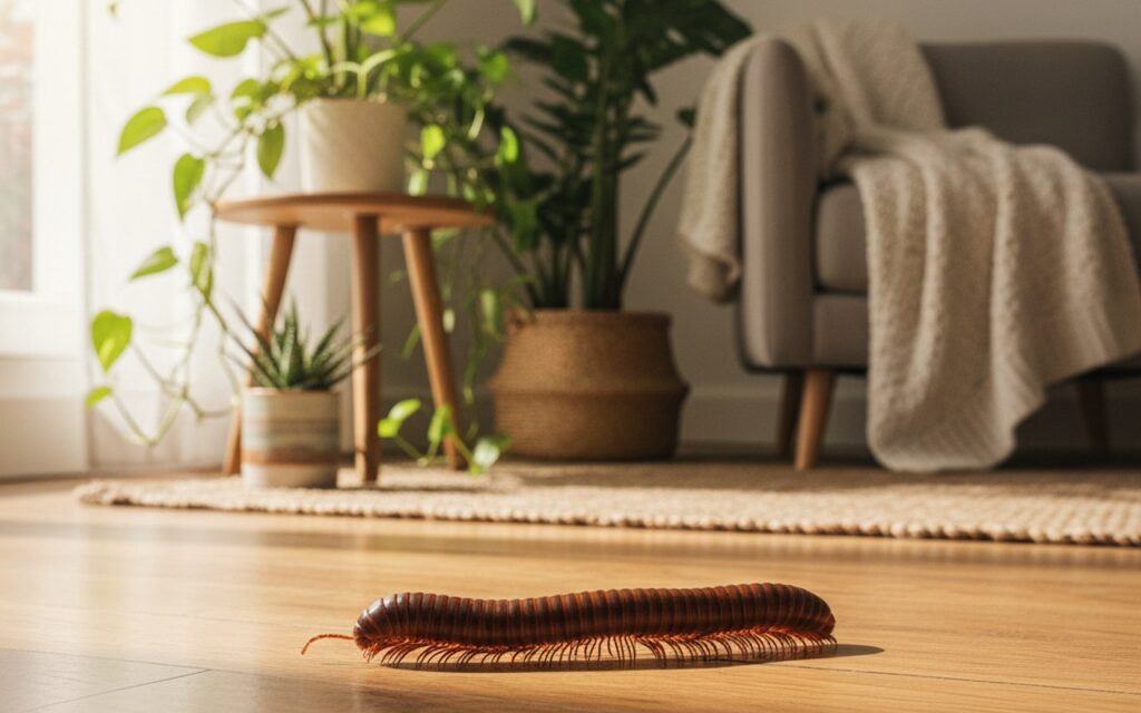 Un mille-pattes sur un sol en bois, symbole d'équilibre et de purification dans la maison.
