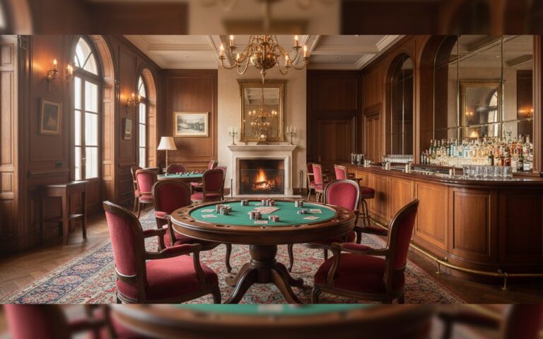 Intérieur élégant avec mobilier casino vintage, table de poker et fauteuils capitonnés.