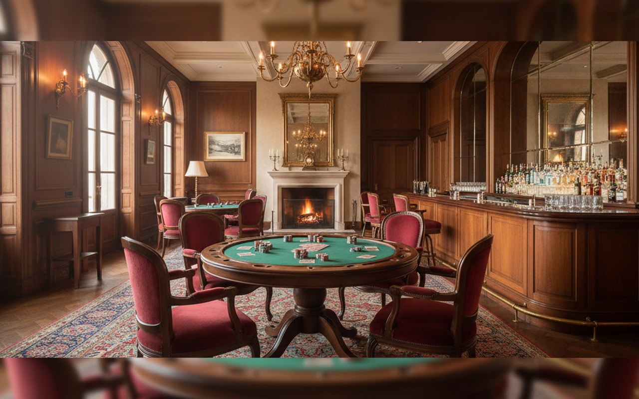 Intérieur élégant avec mobilier casino vintage, table de poker et fauteuils capitonnés.