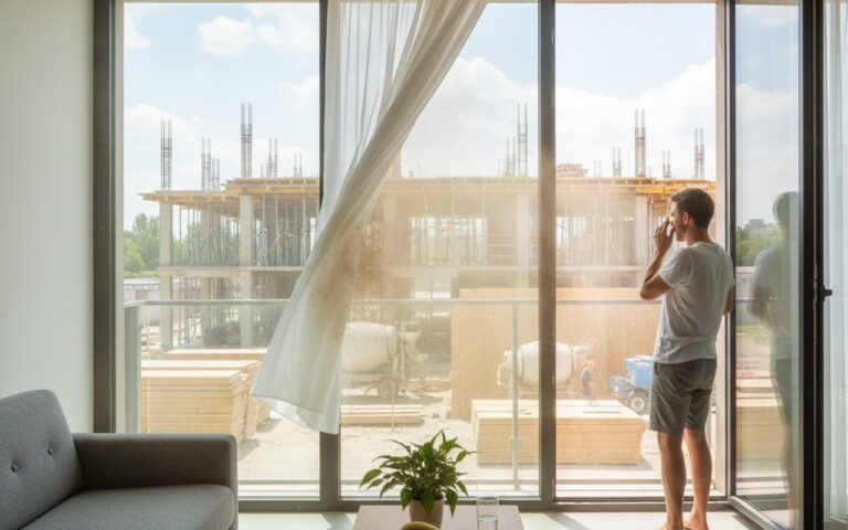 Appartement moderne avec fenêtres ouvertes, suggérant une infiltration d'odeurs.