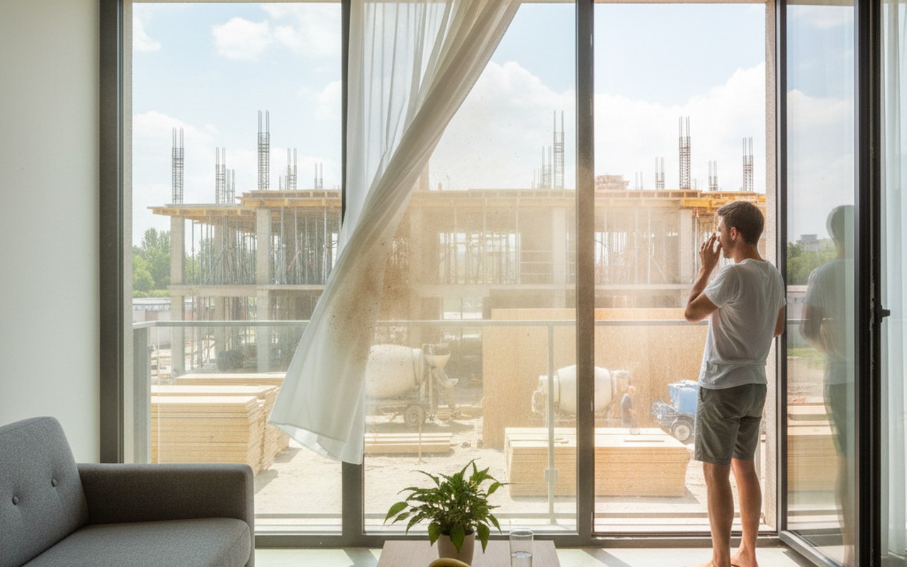 Appartement moderne avec fenêtres ouvertes, suggérant une infiltration d'odeurs.