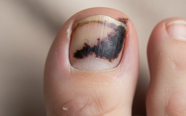Gros plan d'un ongle de pied noir, illustrant des problèmes de santé des ongles.