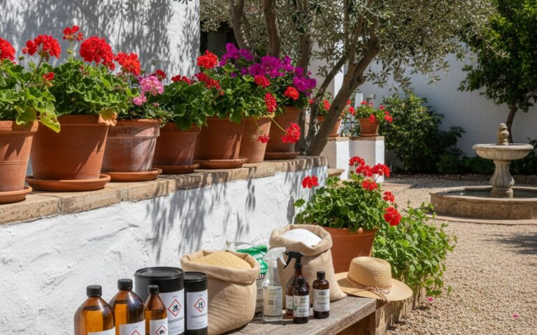 Produits de désherbage naturels et glyphosate dans un jardin espagnol.