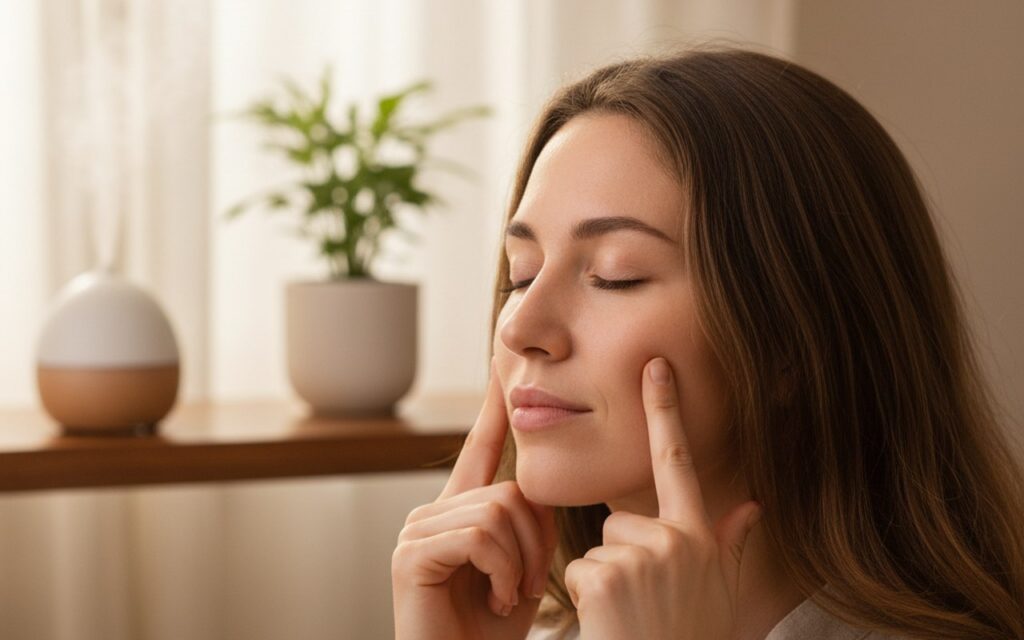 Personne pratiquant l'acupression sur le visage pour soulager la congestion nasale.