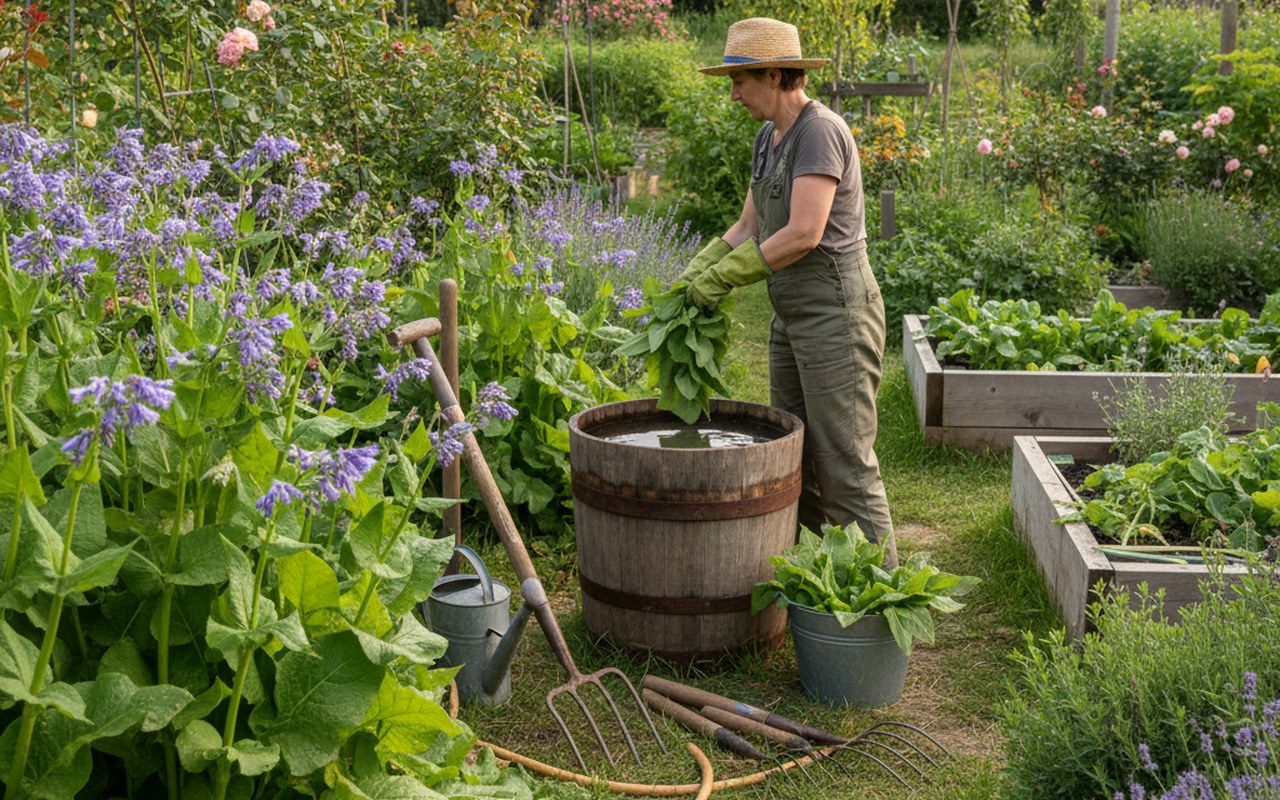 Un jardinier préparant du purin de consoude dans son jardin, illustrant la pratique légale et naturelle.
