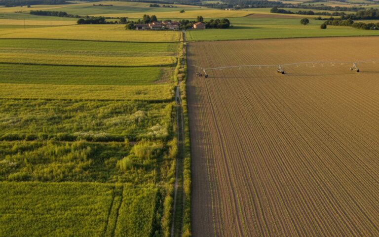 Champs agricoles à la frontière franco-espagnole illustrant les enjeux du glyphosate.