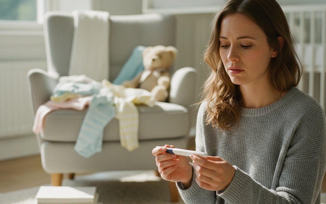 Femme perplexe face à un test de grossesse négatif, entourée d'objets de maternité.