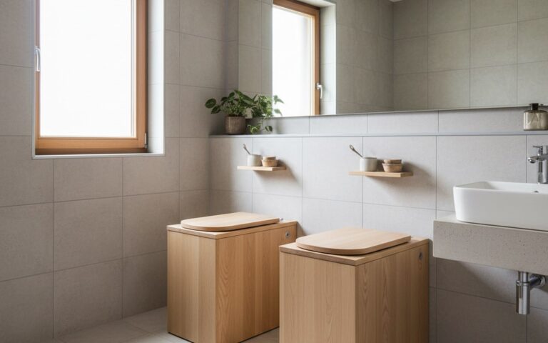 Toilettes sèches modernes dans un intérieur écoresponsable, design fonctionnel et esthétique.