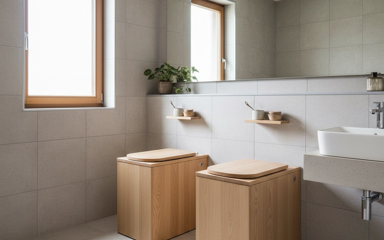 Toilettes sèches modernes dans un intérieur écoresponsable, design fonctionnel et esthétique.